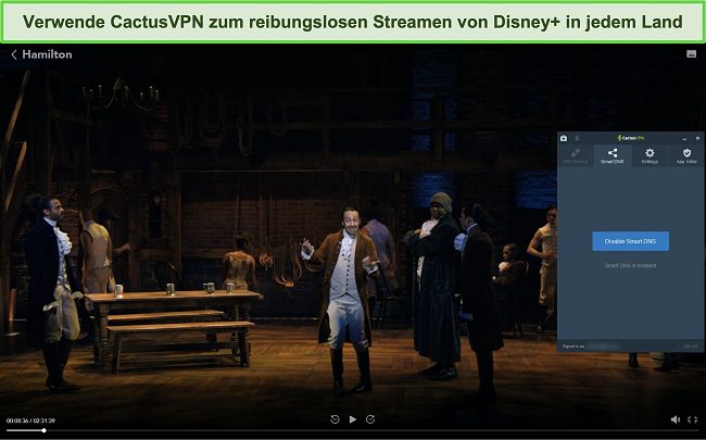 Screenshot von Hamilton, das erfolgreich mit CactusVPN auf Disney + gestreamt hat