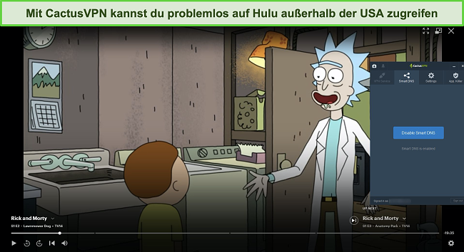 Screenshot von Rick und Morty, die erfolgreich auf Hulu mit verbundenem CactusVPN gestreamt haben