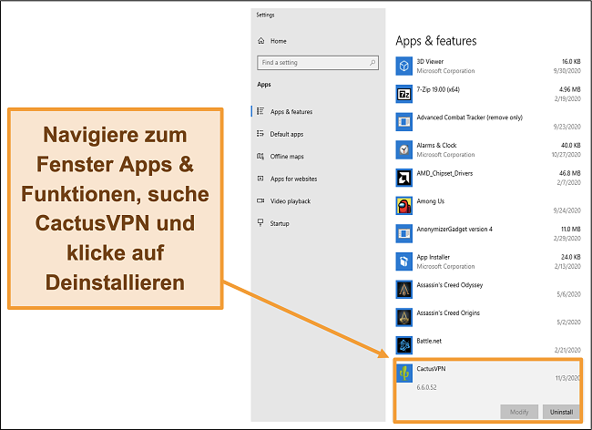 Screenshot, der zeigt, wie Sie den Prozess der Deinstallation von CactusVPN über das Menü Apps & Funktionen starten