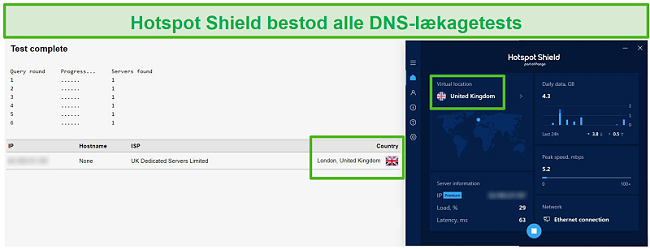 Skærmbillede af Hotspot Shield, der består en DNS-test, mens den er tilsluttet en britisk server.