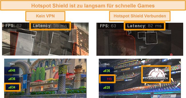 Screenshot von Call of Duty: Modern Warfare und Rocket League wurden auf Latenz erhöht, wenn sie mit Hotspot Shield VPN auf dem PC verbunden sind.