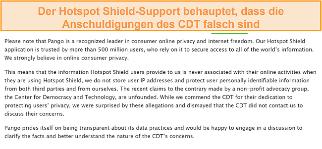 Screenshot der E-Mail-Antwort von Hotspot Shield, als er nach dem Vorfall von 2017 gefragt wurde, bei dem das CDT bei der FTC eine Beschwerde über die Datenerfassungspraktiken von Hotspot Shield eingereicht hat.