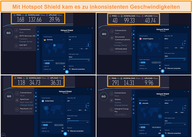 Screenshot von Hotspot Shield-Geschwindigkeitstests aus Deutschland, Großbritannien, den USA und Australien
