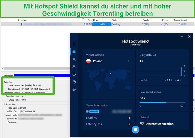 Screenshot der Verbindung zu Hotspot Shield beim Torrenting einer 4-GB-Datei in weniger als 4 Minuten.