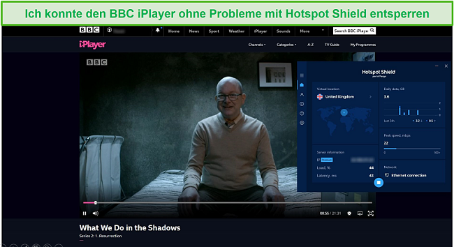 Screenshot von Hotspot Shield, der entsperrt, was wir im Schatten auf dem BBC iPlayer tun.