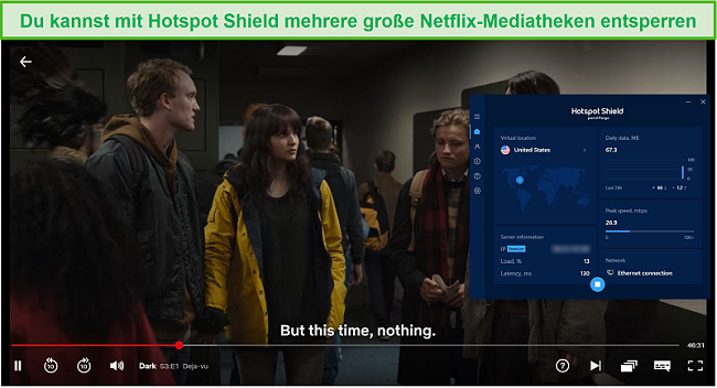 Screenshot von Hotspot Shield, der Netflix entsperrt und Dark streamt.
