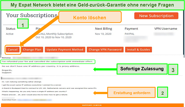 Screenshot des Rückerstattungsprozesses von My Expat Network