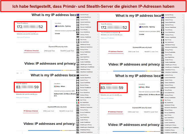 Screenshot der Primär- und Stealth-Server von My Expat Network mit derselben IP-Adresse