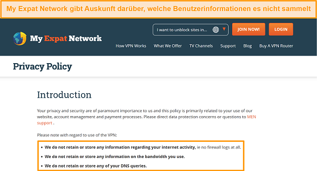 Screenshot der Datenschutzrichtlinie von My Expat Network