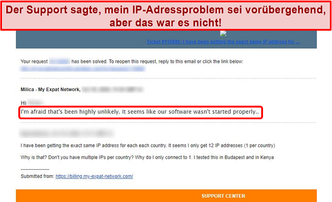 Screenshot der E-Mail-Antwort von My Expat Network mit einer Erklärung für ein Problem mit der IP-Adresse