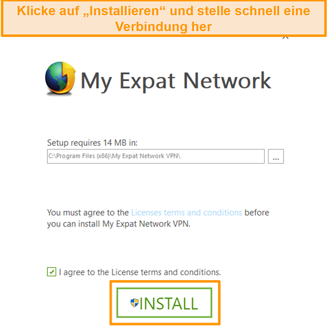 Screenshot des letzten Schritts der Installation von My Expat Network