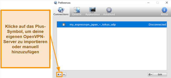 Screenshot der Viscosity-App zum Hinzufügen von OpenVPN-Servern