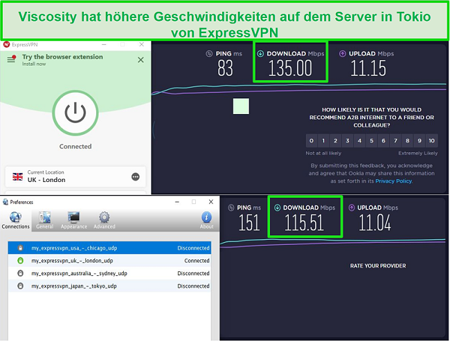 Screenshot der Geschwindigkeitstestergebnisse bei Verbindung mit den UK-Servern von Express VPN über Viscosity und ExpressVPN