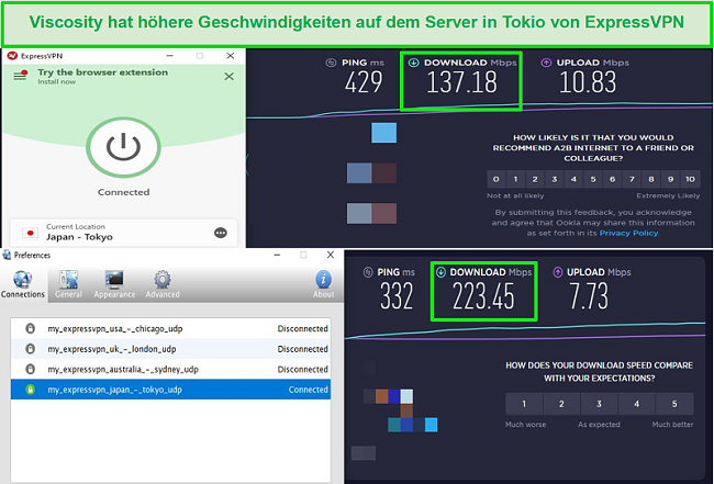 Screenshot der Geschwindigkeitstestergebnisse bei Verbindung mit den Japan-Servern von Express VPN über Viscosity und ExpressVPN