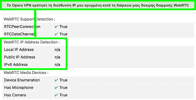 Στιγμιότυπο οθόνης του OperaVPN που περνά τη δοκιμή διαρροής WebRTC.