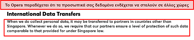 Στιγμιότυπο οθόνης της πολιτικής της Opera για διεθνείς μεταφορές δεδομένων.