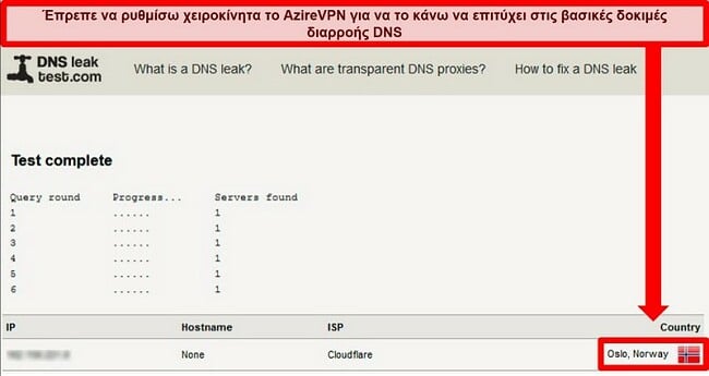 Στιγμιότυπο οθόνης μιας επιτυχούς δοκιμής διαρροής DNS