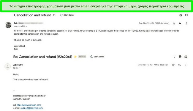 Στιγμιότυπο οθόνης ενός νήματος email που δείχνει τη διαδικασία ακύρωσης και επιστροφής χρημάτων του AzireVPN