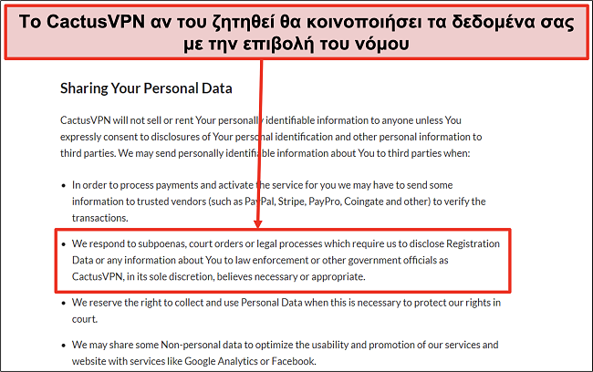Στιγμιότυπο οθόνης της πολιτικής απορρήτου του CactusVPN που δείχνει ότι θα παραδώσει τα δεδομένα σας