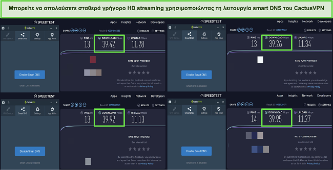 Στιγμιότυπο οθόνης τεστ 4 ταχύτητας ενώ συνδέεται με έξυπνους διακομιστές DNS του CactusVPN