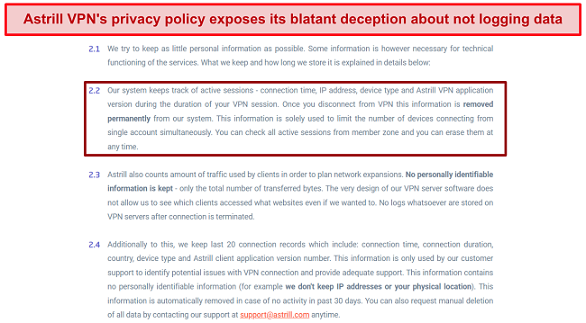 Screenshot of Astrill VPN privacy policy