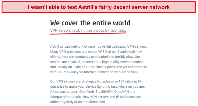 Screenshot of Astrill VPN server list