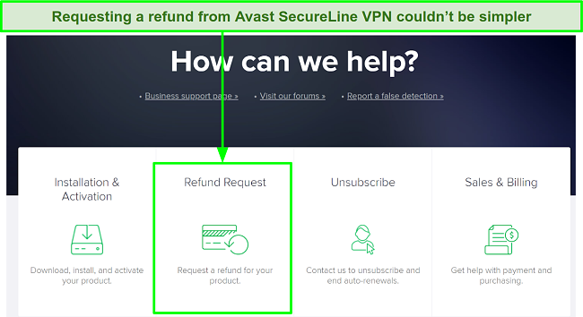 A screenshot showing the Refund Request process on the Avast SecureLine VPN webpage.