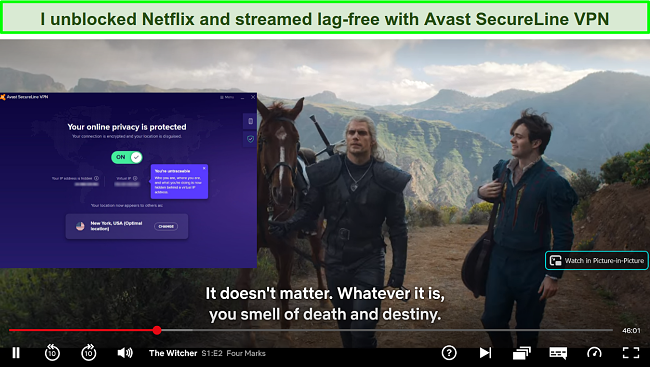 Screenshot of Avast SecureLine VPN unblocking The Witcher on Netflix