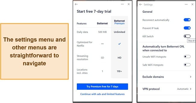 A screenshot of Betternet's in-app settings and subscription tiers