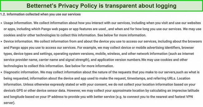 Screenshot of Betternet's privacy policy