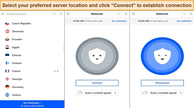 Screenshot of Betternet's server and connection interfac