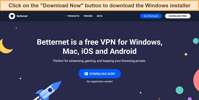 Screenshot of Betternet's application download page
