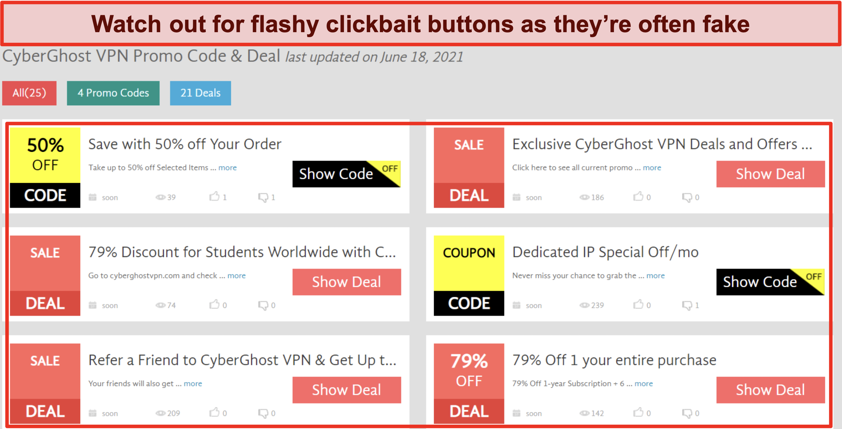 Screenshot of fake CyberGhost coupons with clickbait buttons