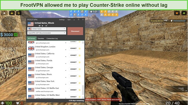 A screenshot showing how the tester played Counter-Strike online lag-free while connected to a FrootVPN US server.