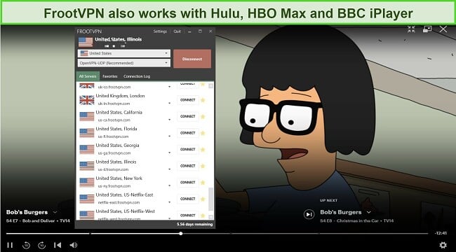 A screenshot of Bob's Burgers streaming on Hulu while the tester is connected to a FrootVPN US server.