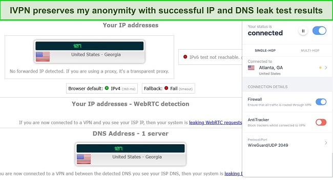 Screenshot of leak test results while using IVPN