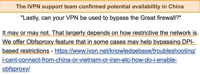 Screenshot of my interaction with IVPN Support about the VPN services in China