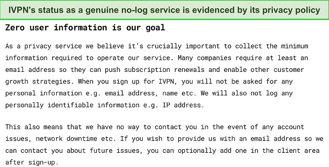 Screenshot of the excerpt of IVPN no-log policy
