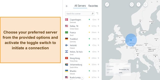 Screenshot of IVPN's server selection interface