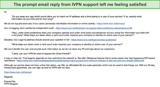Screenshot of my email conversation with IVPN support representative