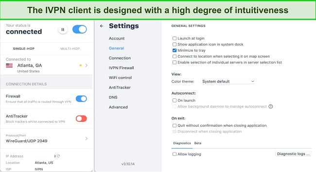 Screenshot showing the user interface of IVPN