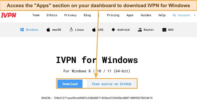 Screenshot of IVPN's application download page