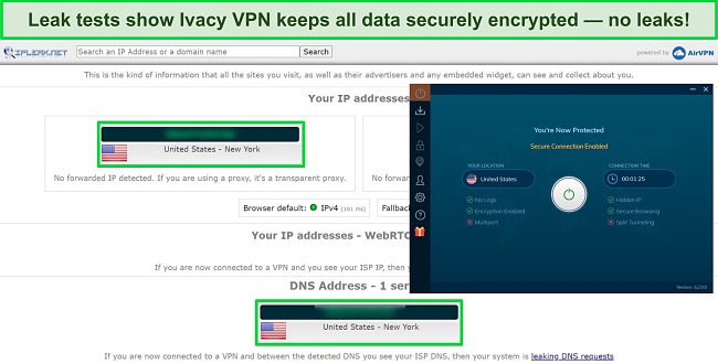 Screenshot of ip leak test showing zero leaks, with Ivacy VPN connected to a US server.