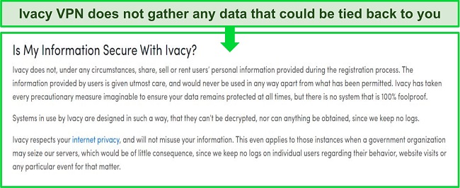 Screenshot of Ivacy VPN's privacy policy, highlighting that user information is secure and cannot be traced to connection activity.