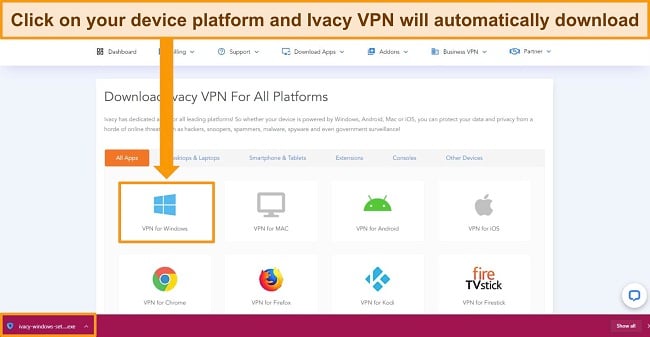 Screenshot of Ivacy VPN website showing the supported app platforms and detailing the process for downloading the software.