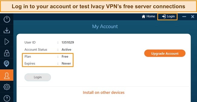 Screenshot showing Ivacy VPN's Windows app with the account menu open, showing the login option and the free plan.