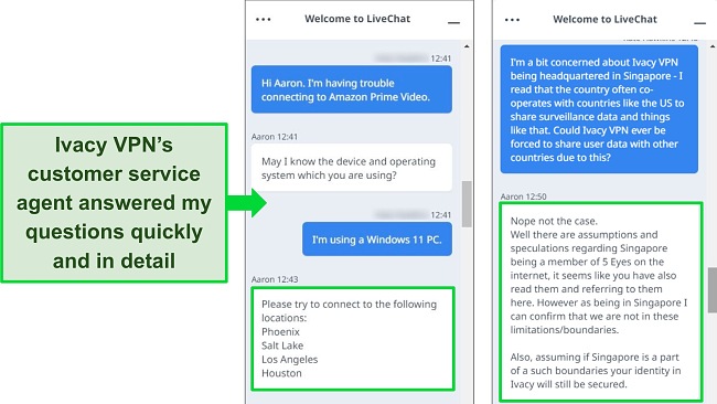 Screenshot of Ivacy VPN's customer support agent answering questions, highlighting the detailed responses.