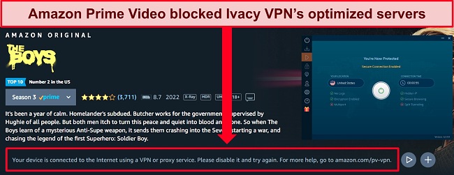 Screenshot of Amazon Prime Video showing that Amazon could detect a VPN connection when using Ivacy VPN.