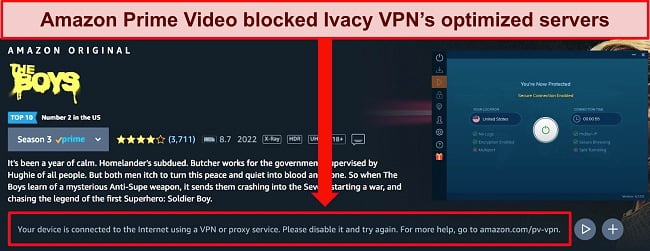 Screenshot of Amazon Prime Video showing that Amazon could detect a VPN connection when using Ivacy VPN.