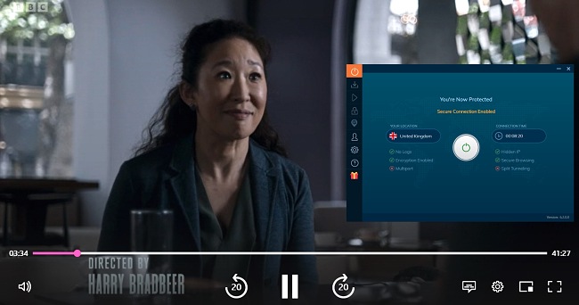 Screenshot of BBC iPlayer streaming Killing Eve with Ivacy VPN connected to a UK server.